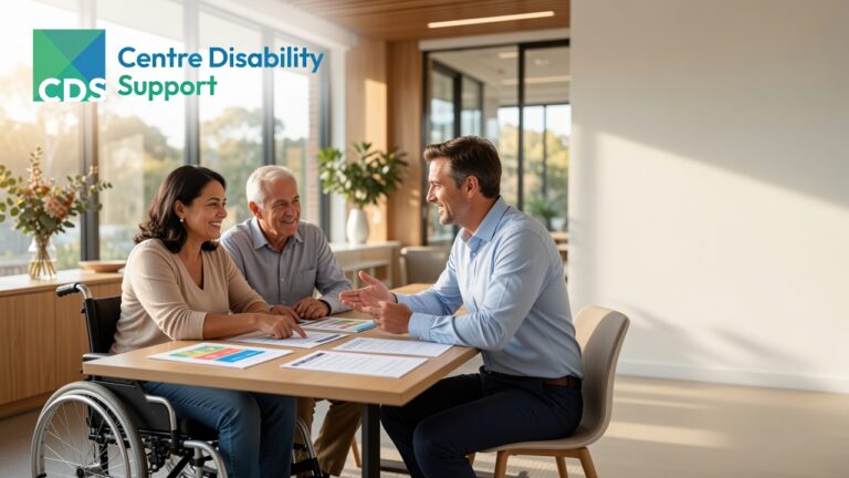 A professional and reassuring Australian NDIS consultation scene featuring an adult with disability and a family member meeting with a knowledgeable support professional to discuss NDIS eligibility and available supports.