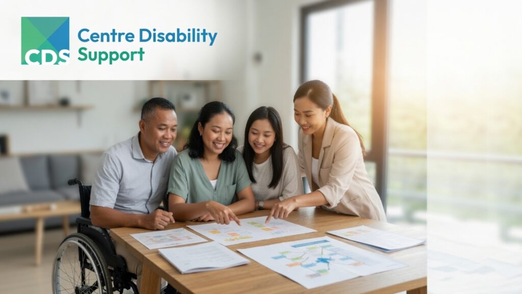 An Australian NDIS participant sitting with family members and a support professional, thoughtfully exploring different housing and support options.
