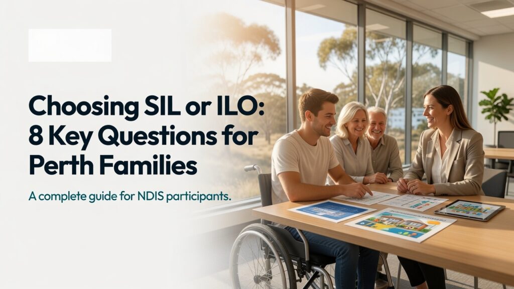 Professional healthcare marketing banner for an NDIS article titled "Choosing SIL or ILO: 8 Key Questions for Perth Families"