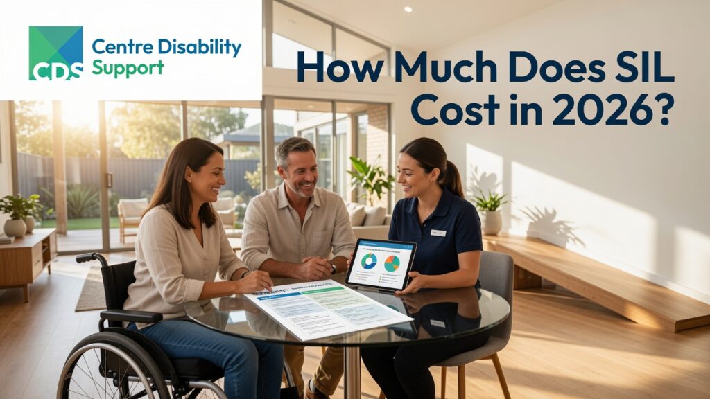 A modern Australian Supported Independent Living (SIL) home environment featuring an adult NDIS participant, family member, and support professional discussing living arrangements and funding considerations