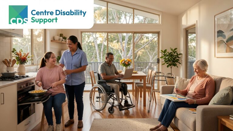 A bright and welcoming Supported Independent Living (SIL) home in Australia, featuring a diverse group of adults with disabilities engaged in personalized daily activities