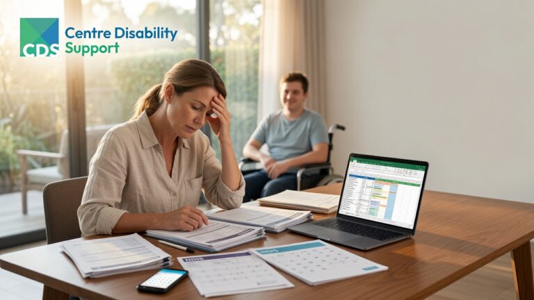A visual showing an Australian caregiver's journey. a parent is managing multiple responsibilities, paperwork, appointments, and support arrangements alone.