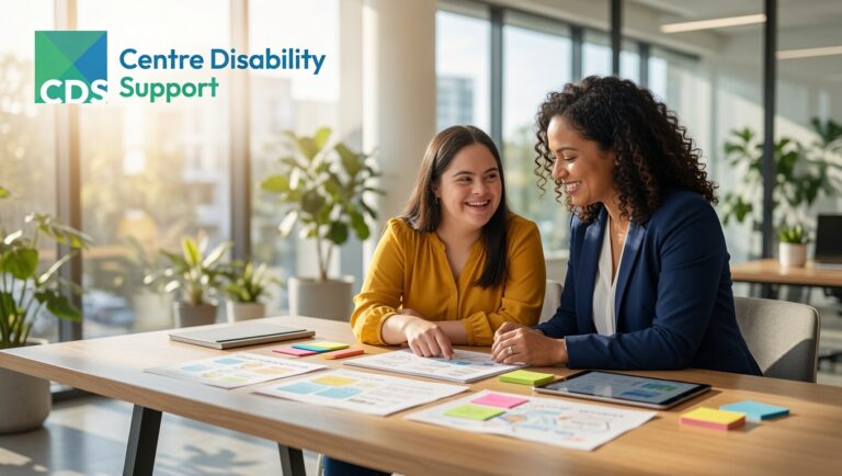 An NDIS participant sitting with a support coordinator at a modern table, collaboratively creating a personalised support plan
