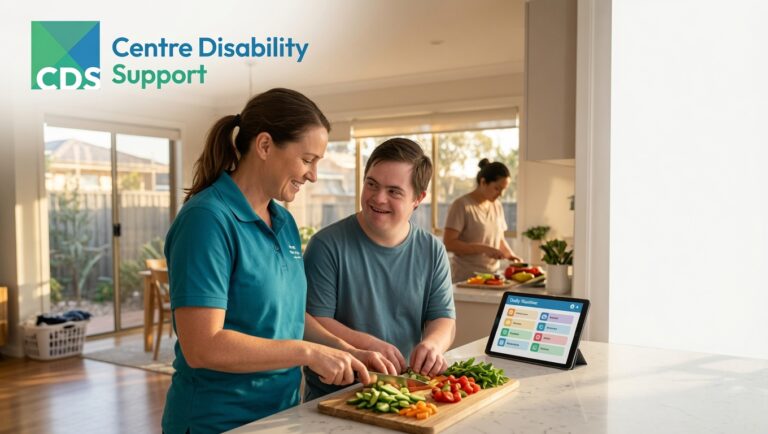 A caring support worker assisting an adult with a disability during everyday activities in a bright Australian home.