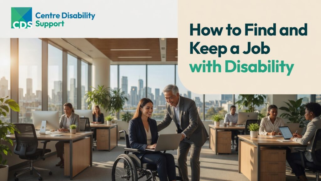 A positive and empowering Australian workplace scene featuring an adult with disability confidently participating in a professional work environment.