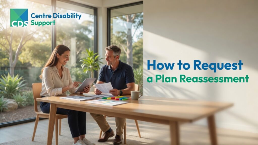 A supportive Australian NDIS planning scene featuring an adult with disability and a support coordinator reviewing an NDIS plan together.