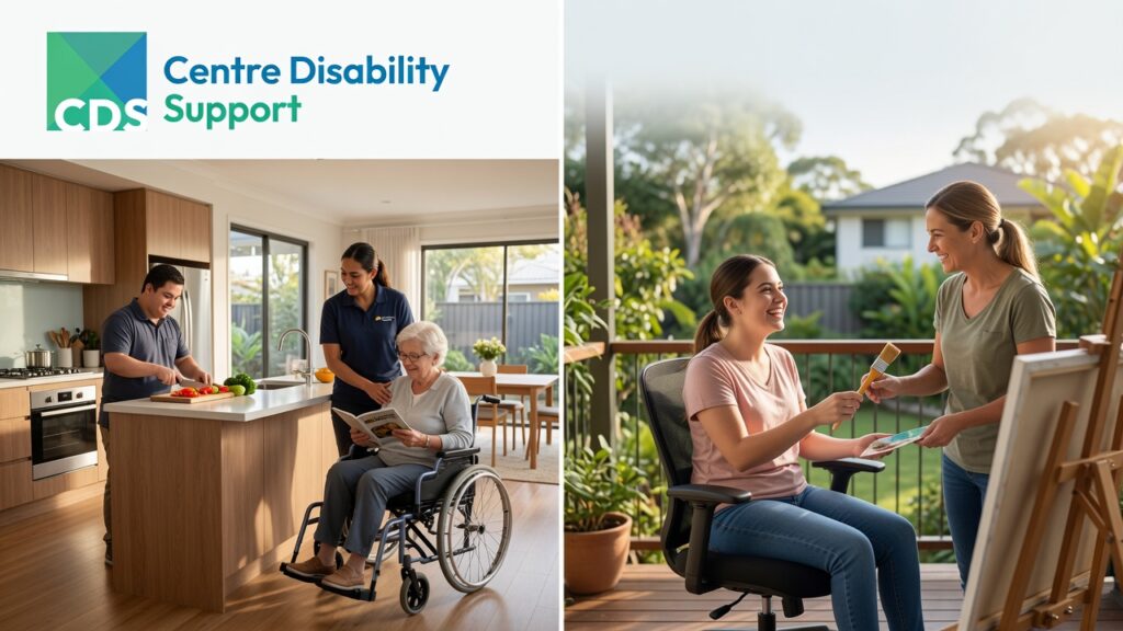 A split-scene comparison illustrating two disability support living arrangements in Australia.