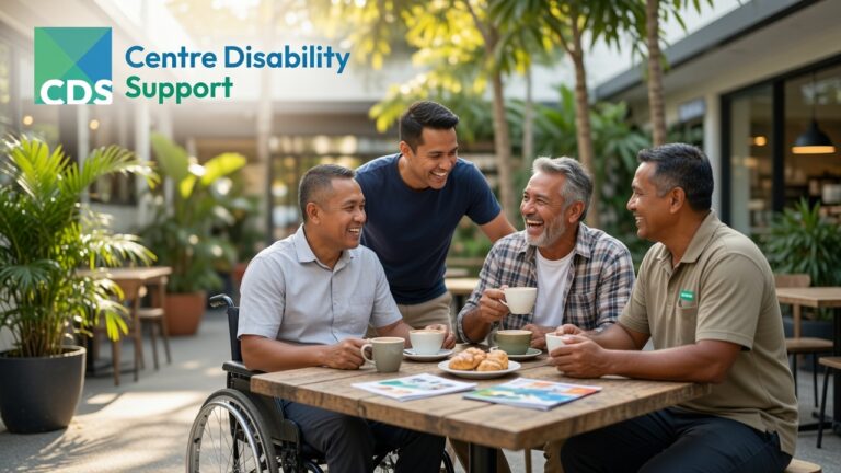 A powerful and uplifting Australian lifestyle scene featuring an adult man with a disability enjoying meaningful social connection and support with trusted male peers and a support worker in a relaxed community setting