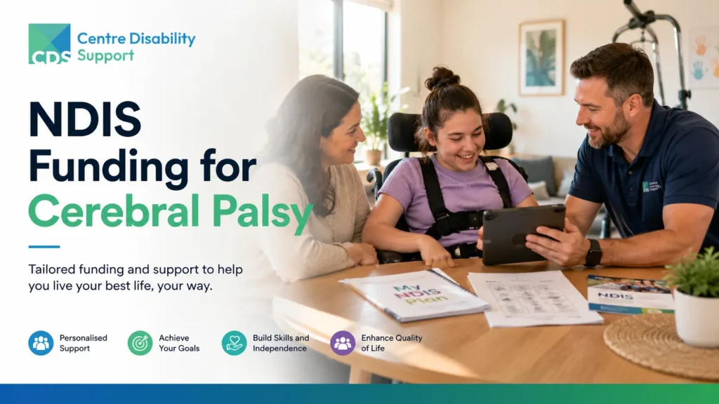 A positive and empowering Australian disability support scene featuring a child with cerebral palsy and their family meeting with an NDIS support professional to discuss personalised funding, therapies, assistive technology, and support options.