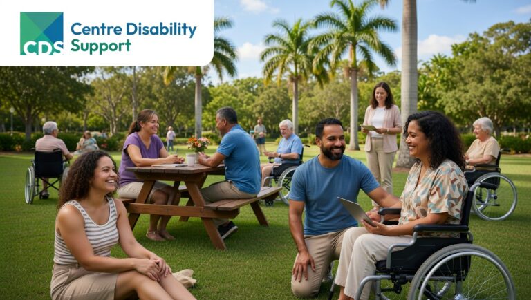 A vibrant outdoor community gathering in Queensland, Australia, featuring adults with disabilities participating in social and recreational activities