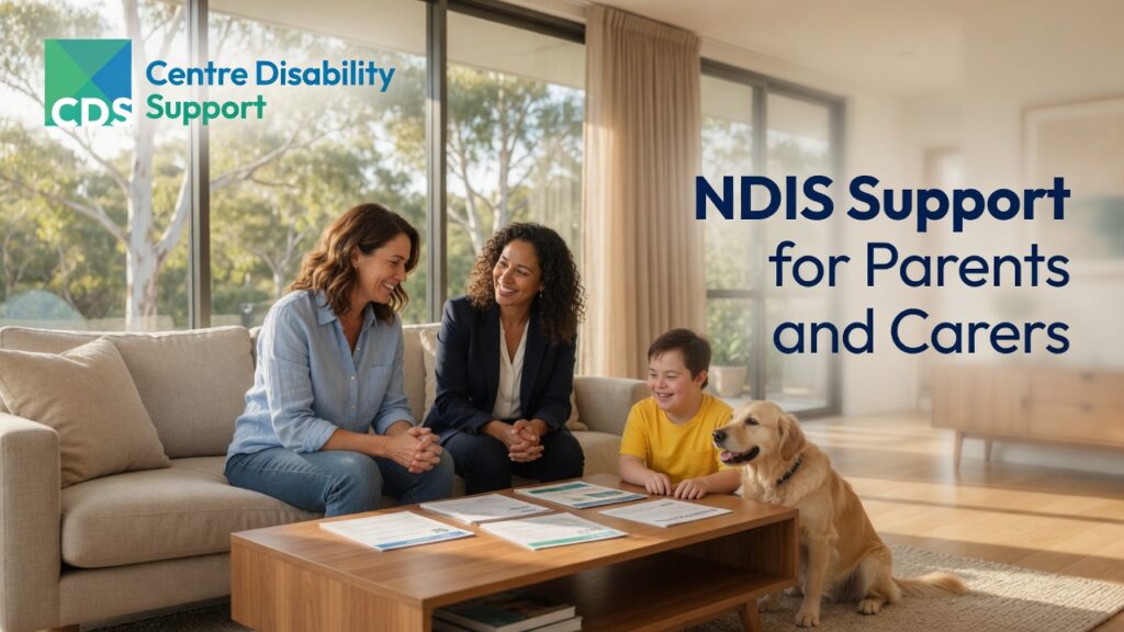 A warm and supportive Australian family scene featuring a parent or carer of a person with disability meeting with an NDIS support professional to discuss available supports, resources, and care options