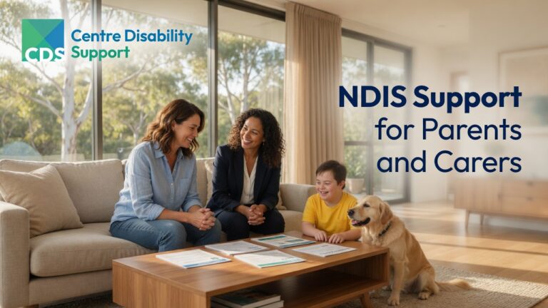 A warm and supportive Australian family scene featuring a parent or carer of a person with disability meeting with an NDIS support professional to discuss available supports, resources, and care options