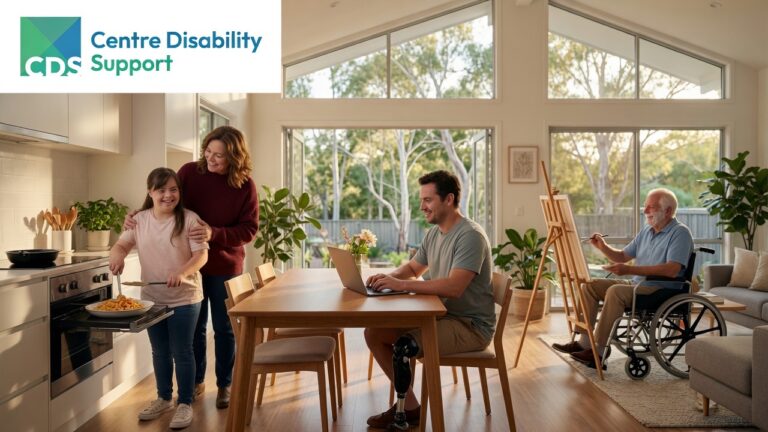 A bright and welcoming Supported Independent Living (SIL) home in Australia, featuring a diverse group of adults with disabilities engaged in personalized daily activities.