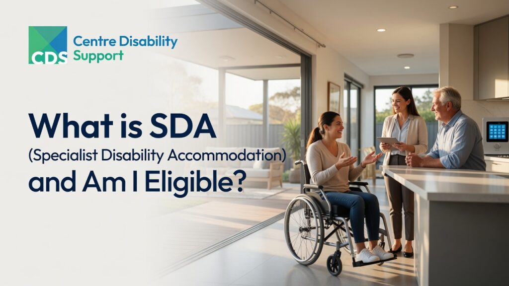 A modern, purpose-built Specialist Disability Accommodation (SDA) home in Australia, showcasing accessible architecture, wide doorways, smart home features, wheelchair-friendly design, and comfortable living spaces.