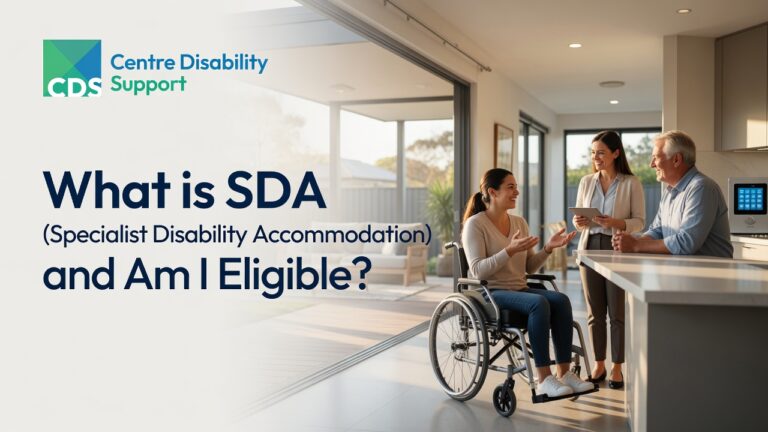 A modern, purpose-built Specialist Disability Accommodation (SDA) home in Australia, showcasing accessible architecture, wide doorways, smart home features, wheelchair-friendly design, and comfortable living spaces.