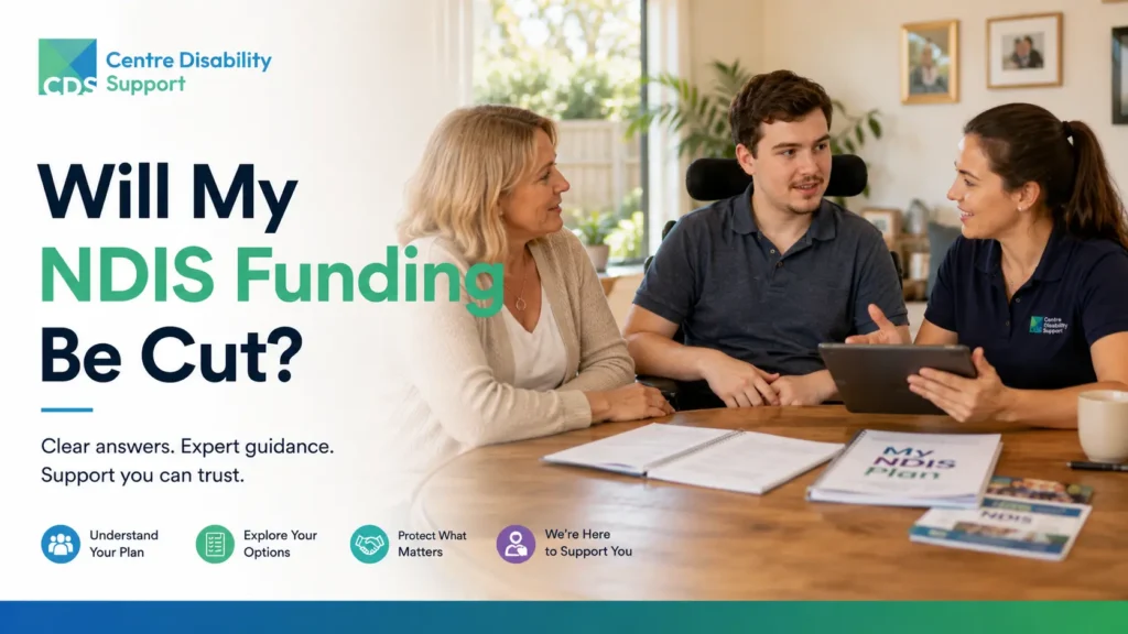 A reassuring Australian NDIS support scene featuring an adult NDIS participant and family member meeting with a support coordinator to review their current plan and funding options.