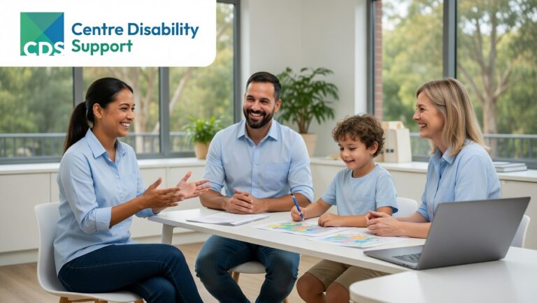 An Australian family meeting with a compassionate NDIS support professional in a modern, welcoming consultation space.