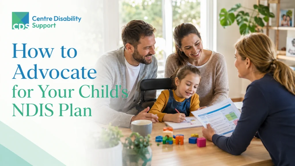 A warm and empowering Australian family scene featuring parents meeting with an experienced NDIS support coordinator to discuss and review their child's NDIS plan.